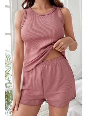 Modenya Kadın Tozlu Pembe Kenarları Fırfırlı Şortlu Kaşkorse Gecelik Takımı