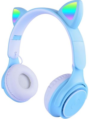 Enyaza Home M6 Pro Cat Rgb LED Işıklı Kedi Kulağı Band Tasarımlı Ayarlanabilir ve Katlanabilir Kulak Üstü Bluetooth Kulaklık Mavi