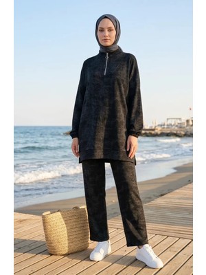 Yarım Fermuarlı Burgulu Tunik Pantolon Ikili Takım 0269-02 Siyah