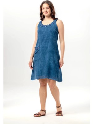 Eliş Şile Bezi Kolsuz Monika Papatya Nakışlı Cepli Kısa Poplin Elbise Indigo Indg