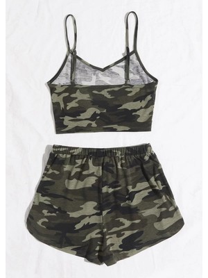 Modenya Kadın Kamuflaj Desenli Askılı Crop Top ve Şortlu Gecelik Takım