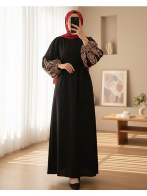Moda Morfo Kolu İşleme Tüllü Bağcıklı Kalem Elbise -Siyah