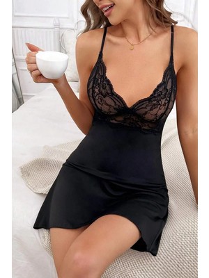 Modenya Kadın Siyah Bel ve Göğüs Kısmı Dantelli Askılı Gecelik