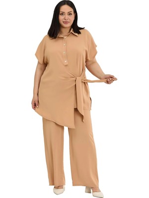 Disentis Modest Büyük Beden Önden Bağlama Detaylı Gömlek Pantolon Vizon Ikili Takım