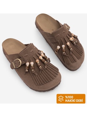 Marjin Kadın Hakiki Deri Eva Taban Püsküllü Önü Kapalı Boncuklu Sabo Günlük Terlik Serloz Kahve Süet