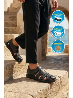 Ayakmod 8520 M Siyah Hakiki Deri Erkek Sandalet