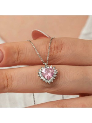 Elwes Gümüş Pembe Taşlı Kalp Kadın Kolye