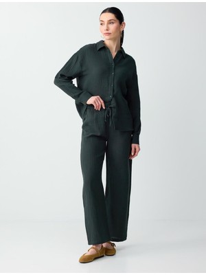 Jimmy Key Koyu Yeşil %100 Pamuk Normal Bel Bağcıklı Uzun Dokuma Pantolon