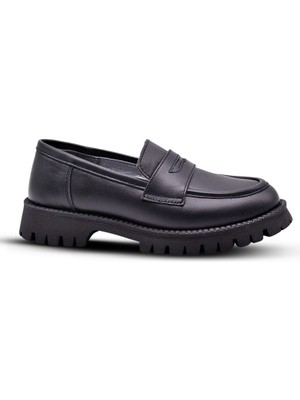 Kids A More Vintage Hakiki Deri Loafer Kız Çocuk Okul Ayakkabısı Siyah Cilt