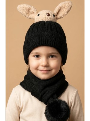 Katia & Bony Tavşan Figürlü Siyah Çocuk Şapka Atkı Takımı