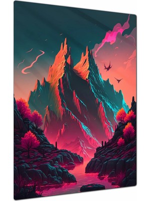 Charmbi Neon Fantasy Dağ Metal Poster Tablo – Parlak Yüzey Canlı Baskı Modern Duvar Dekoru Gamer Anime