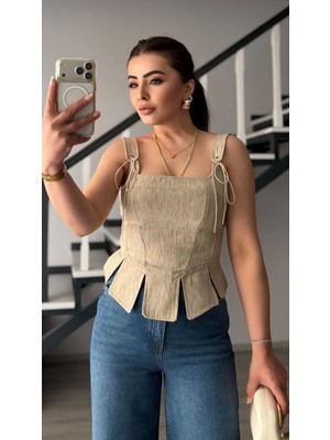 Elisin Bej Bağlama Detaylı Korse Bluz