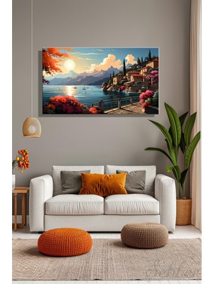 Şehber Panoramik Yatay Kanvas Tablo Tekli Salon Mutfak Yatak Odası Ofis Dijital Sahil Kasabası Manzara