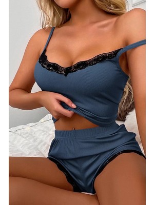 Modenya Kadın Lacivert Alt ve Üst Dantel Detaylı Şortlu Gecelik Takımı