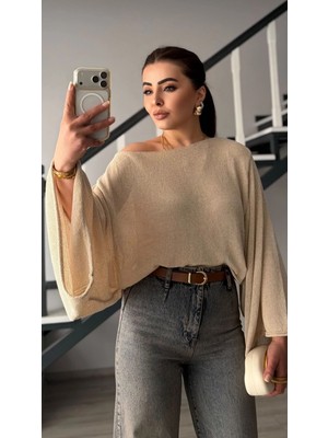 Elisin Bej Yarasa Kol Kayık Yaka Merserize Bluz