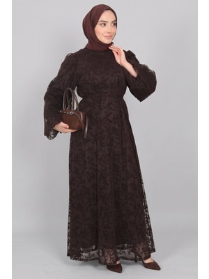 Kahverengi Norshen Kadın Dantel Detaylı Kuşaklı Elbise - Astarlı