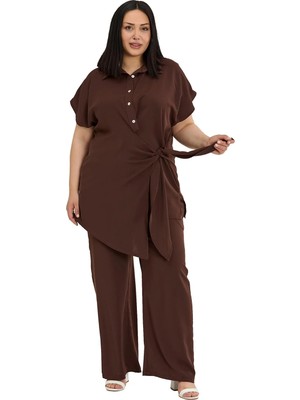 Disentis Modest Büyük Beden Önden Bağlama Detaylı Gömlek Pantolon Kahverengi Ikili Takım