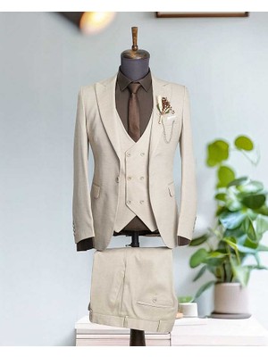 Beystil Sivri Yaka  Ekru Takım Elbise Nikol - Slim Fit