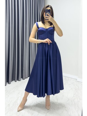 Zks Grup Tekstil-Kadın Gloplu Sırtı Bağcıklı Saten Askılı Midi Abiye Elbise Indigo, Bordo, Yeşil, Kırmızı, Pembe