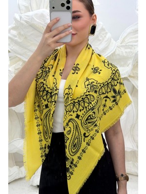 Remsa Desenli Kutjen Kare Omuz Şalı 1401 Sarı