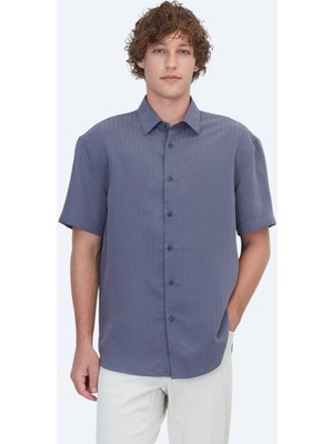 Kip Indigo Çizgili Oversize Fit Kısa Dokuma Casual Gömlek