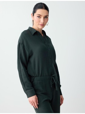 Jimmy Key Koyu Yeşil Rahat Kesim Uzun Kollu %100 Pamuk Dokuma Gömlek