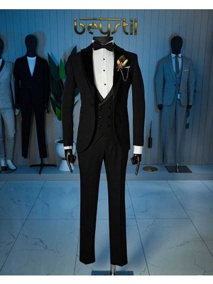Beystil Siyah Şal Yaka Üzerine Sivri Yaka Damatlık & Smokin Takımı 10001 - Slim Fit