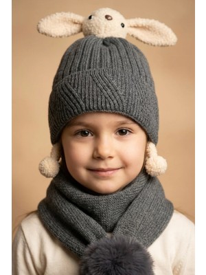 Katia & Bony Tavşan Figürlü Antrasit Çocuk Şapka Atkı Takımı