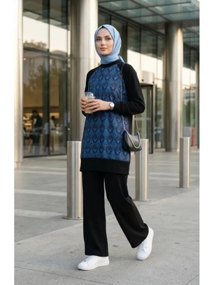 Desenli Tunik Pantolon Ikili Takım 2260-02 Siyah Saks