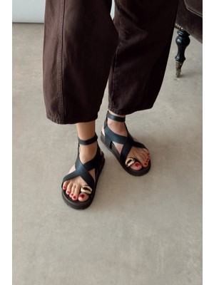 Nope21 Liora Siyah Hakiki Deri Sandalet