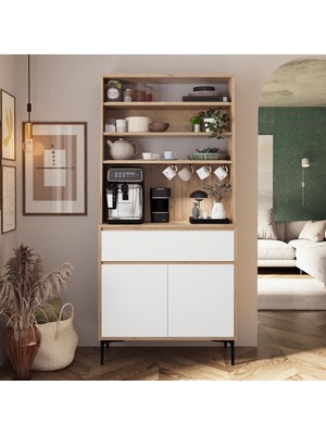 Bimossa Y6010 Alba 90 cm Beyaz-Sepet Ayaklı Kahve Köşesi Çok Amaçlı Kapaklı Raflı Mutfak ve Kiler Dolabı