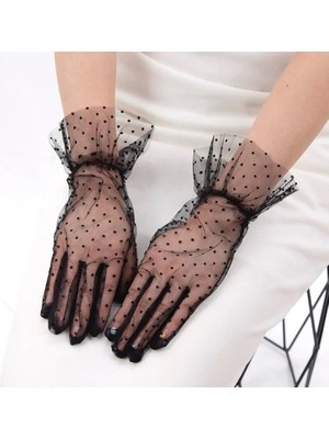 Eilo Luxe Kısa Güpürlü Siyah Puantiyeli Tül Eldiven