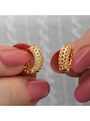 Elwes Gümüş Gold Petek Desenli Halka Kadın Küpe