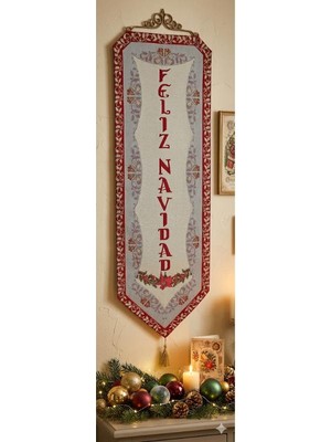 Believe Noel Çiçeği Simli Jakarlı Dokuma Goblen  Dekoratif Yılbaşı Askılı Püsküllü Pano Tablo 30*90