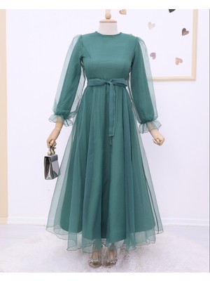 Moda Morfo Kabarık Kol ve Etekli Kuşaklı Tül Abiye  -Mint