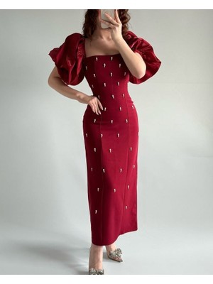 Diloxe Saten Balon Kollu Inci Detaylı Abiye