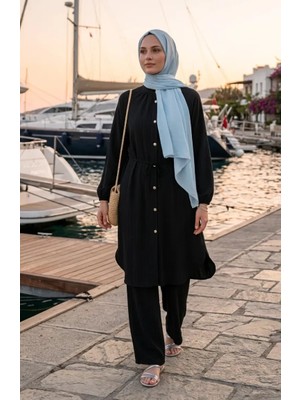 Boydan Düğmeli Bağcıklı Tunik Pantolon Ikili Takım 2253-04 Siyah