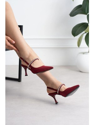 Shoetek Lorwen Kadın Topuklu Önden Bantlı Taşlı Ince Topuklu Stiletto Bordo Saten
