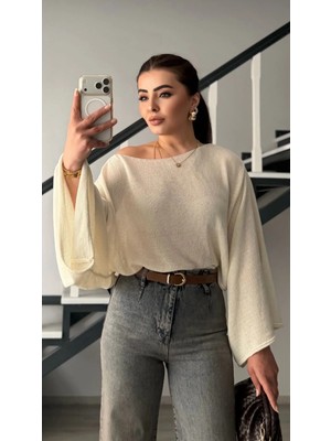 Elisin Ekru Yaraasa Kol Kayık Yaka Merserize Bluz