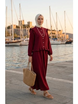 Boydan Düğmeli Fırfırlı Tunik Etek Ikili Takım 0272-03 Bordo