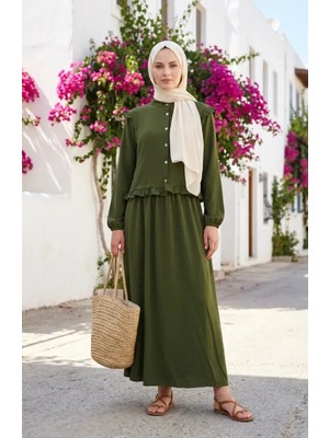 Boydan Düğmeli Fırfırlı Tunik Etek Ikili Takım 0272-05 Haki