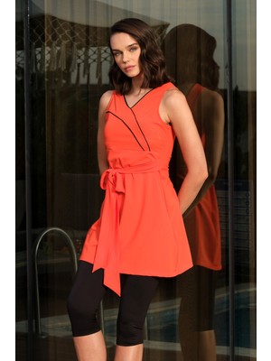 Haliç Mayo Sıfır Kol Şortlu Likralı Bağlama Detay Yarı Kapalı Mayo 24203 Turuncu