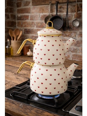 Mis Kitchen Gold Kulplu Emaye Çaydanlık Seti Kırmızı Kalpli Vintage Çaydanlık - Çeyiz & Hediye Için Ideal