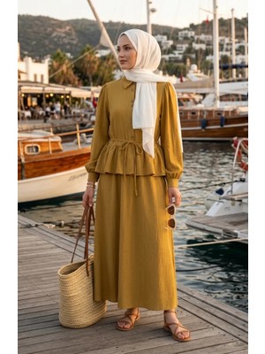 Büzgülü Bağcıklı Tunik Etek Ikili Takım 2254-01 Yağ Yeşili