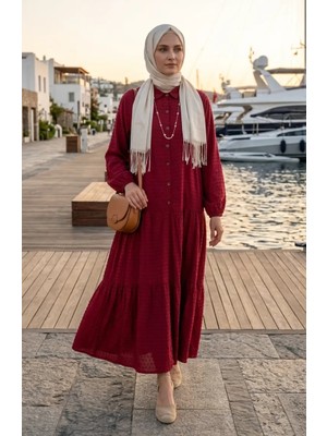 Kabartma Dokulu Düğmeli Elbise 2255-03 Pembe