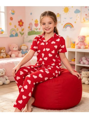 NiCe İç Giyim  Kız Çocuk Pijama Takım Milan Kumaş Mevsimlik Gömlek Yaka Kırmızı Renk Kalpli