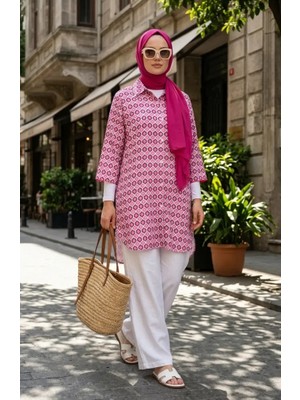 Geometrik Desenli Boydan Düğmeli Tunik 2256-01 Pembe