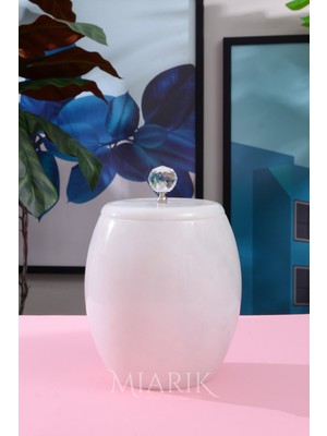 PremiumPort Beyaz Mermer Oval Dekoratif Çöp Kovası, Kristal Detaylı, Şık Tasarım