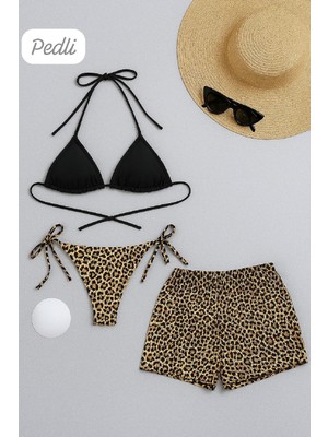 Ang Butik Kadın 3'lü Set Siyah ve Leopar Desenli Şortlu Yandan Bağlamalı Bikini Mayo Takımı