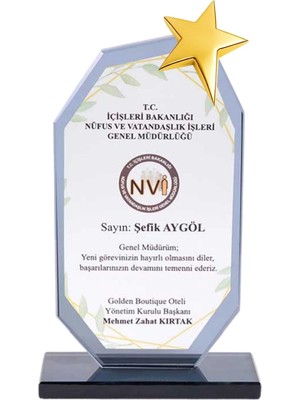 Best Hediye Kristal Cam Plaket Füme Renk Metal Yıldızlı